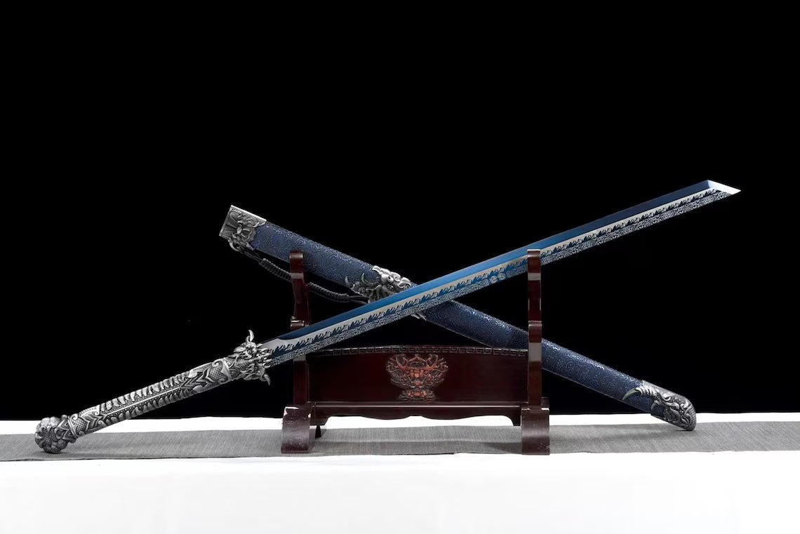 Hand-Forged Han Jian Sword, 1095 Carbon Steel, Dragon Carved Blade, Wood Leather Scabbard