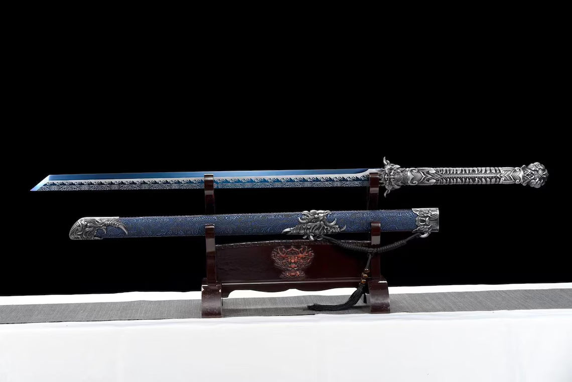 Hand-Forged Han Jian Sword, 1095 Carbon Steel, Dragon Carved Blade, Wood Leather Scabbard