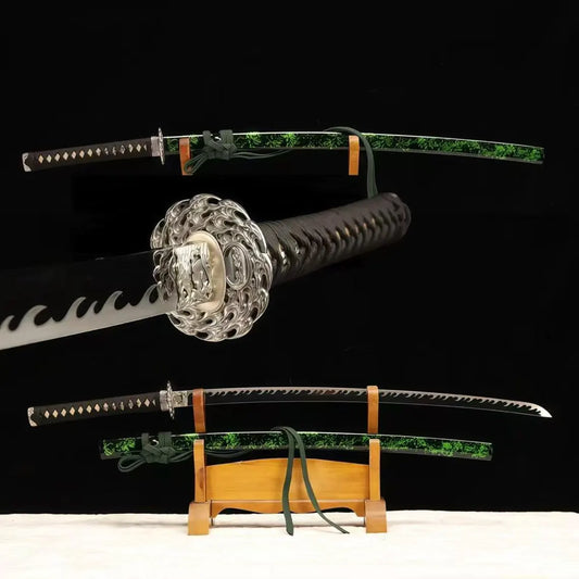 Green Sheath Samurai Katana, Handcrafted Collectible Sword with Ornate Silver Tsuba, Decorative Japanese Style Blade for Display