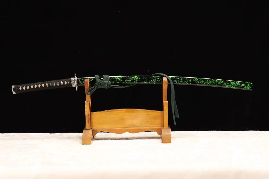 Green Sheath Samurai Katana, Handcrafted Collectible Sword with Ornate Silver Tsuba, Decorative Japanese Style Blade for Display