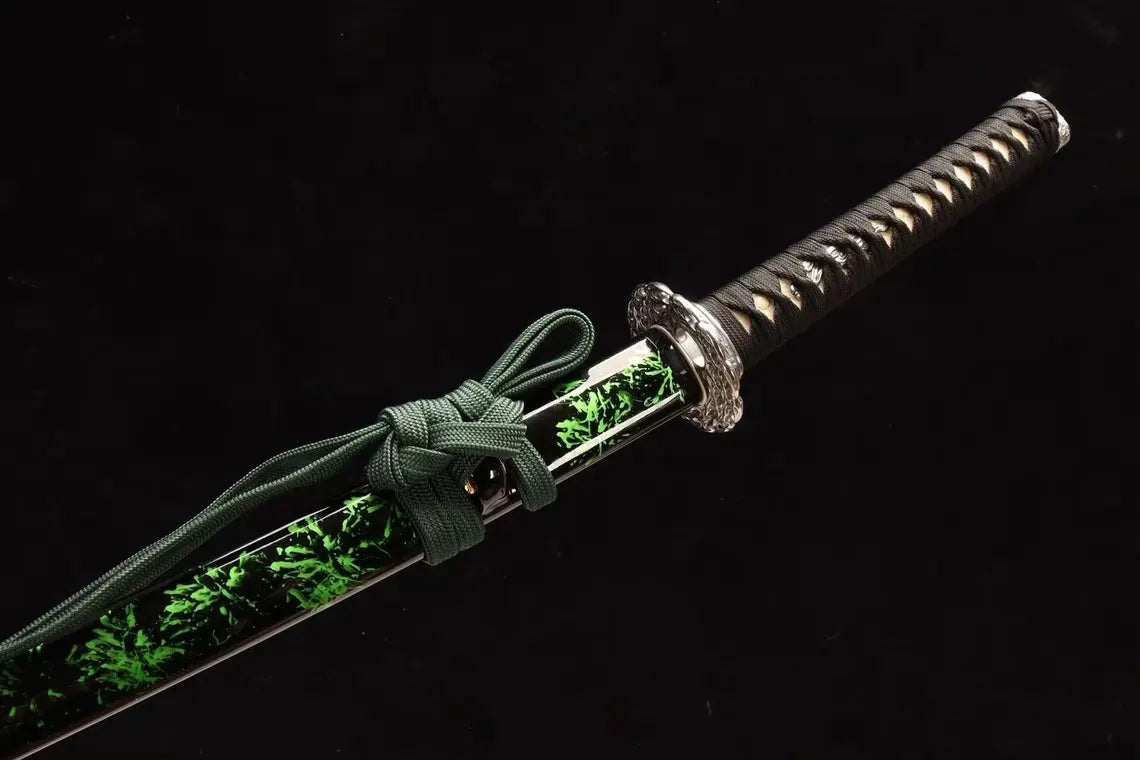 Green Sheath Samurai Katana, Handcrafted Collectible Sword with Ornate Silver Tsuba, Decorative Japanese Style Blade for Display