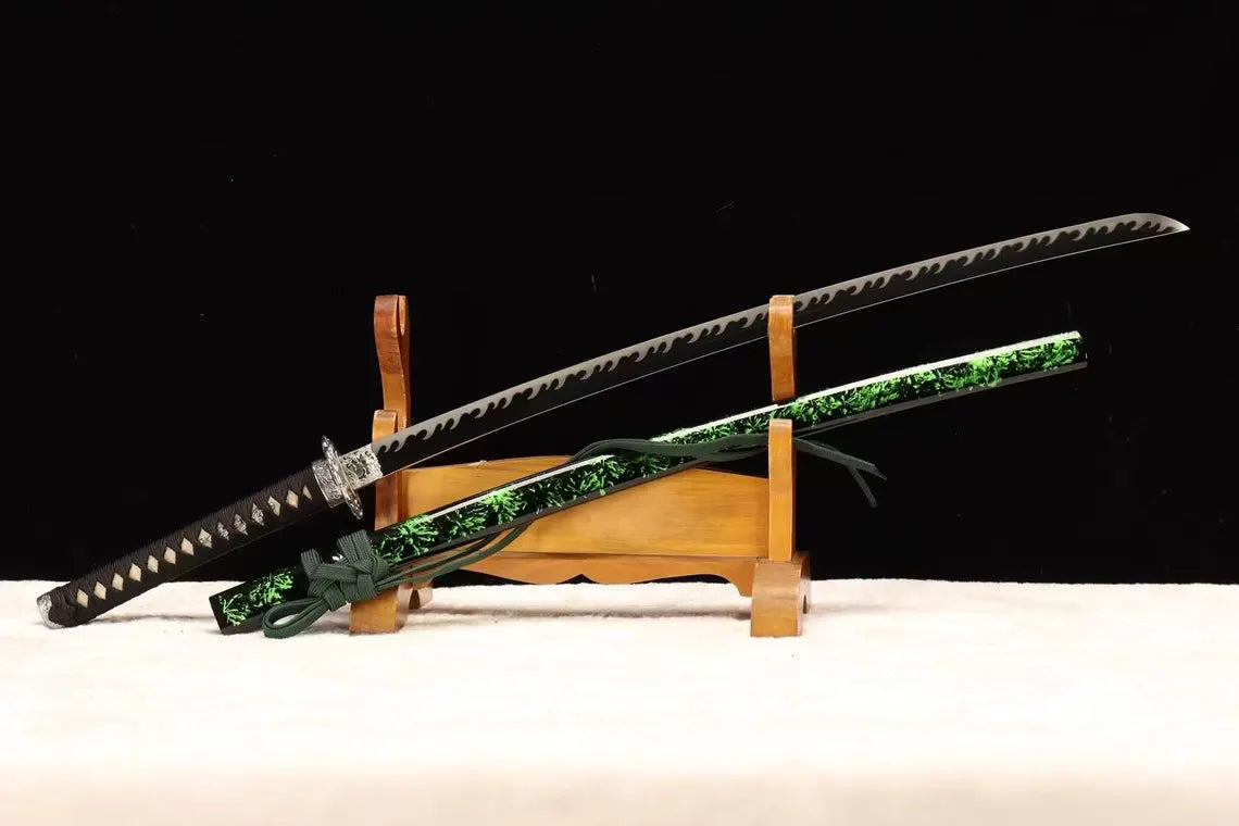Green Sheath Samurai Katana, Handcrafted Collectible Sword with Ornate Silver Tsuba, Decorative Japanese Style Blade for Display