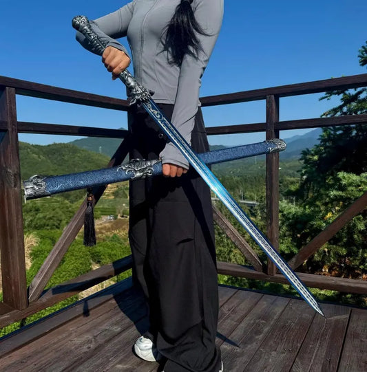 Hand-Forged Han Jian Sword, 1095 Carbon Steel, Dragon Carved Blade, Wood Leather Scabbard
